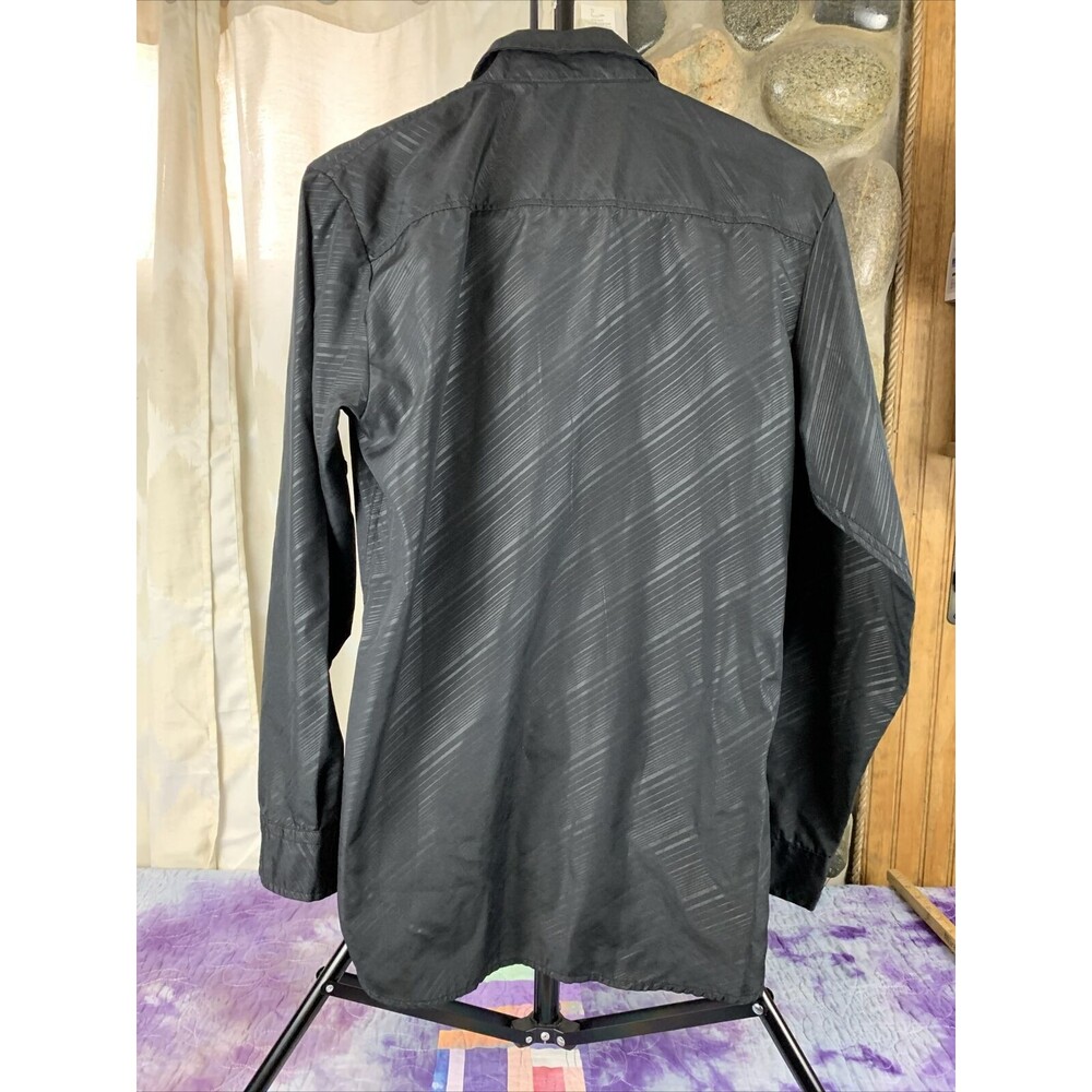 Ge Shan Pin Yue Mens Large Button Down Sleek Polyester Black Angled Stripe Shirt - Picture 4 of 9